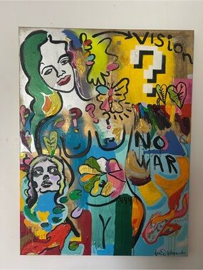 Abstract Pop Art Canvas Painting - "No War" Statement by Addie Wuensch
